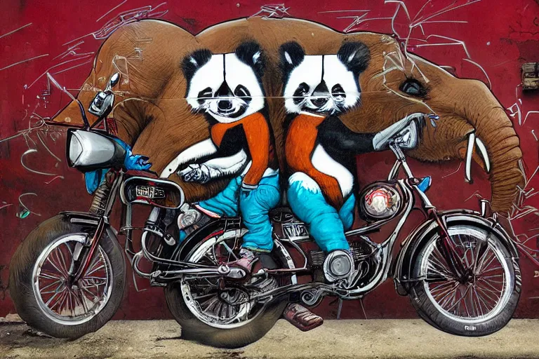 Prompt: a graffiti illustration by stom 5 0 0 and etam cru, of red pandas riding an elephant motorbike