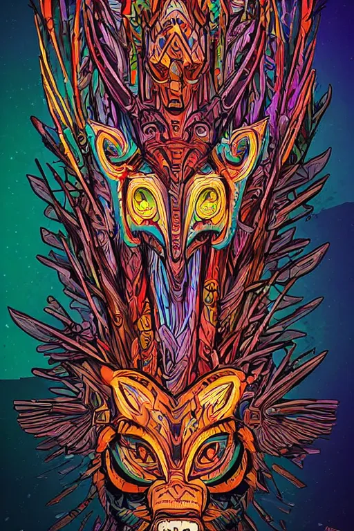 Image similar to totem animal tribal chaman vodoo mask feather gemstone plant wood rock video game illustration vivid color borderlands by josan gonzales and dan mumford radiating a glowing aura