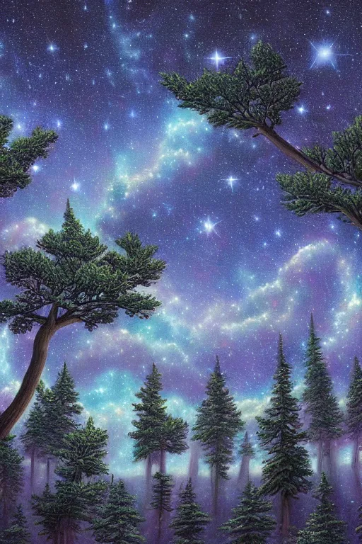 Prompt: A beautiful ultra detailed matte painting a galaxy sky and stars at night trees, by rob Gonsalves, trending on artstation