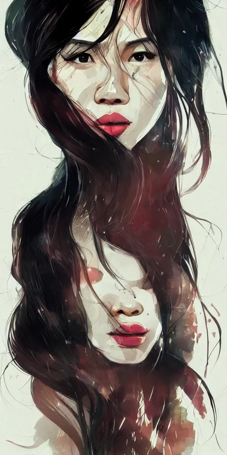 Prompt: candid portrait of a very very beautiful young filipino woman with narrow face and flowing long hair, dramatic swirling thick dreamy smoke from her mouth, face partially obscured, dark background, by conrad roset, abstract, thought provoking, dramatic lighting, trending on artstation