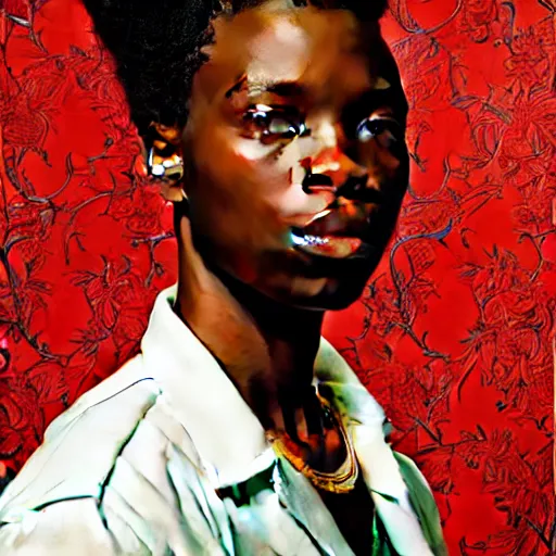 Image similar to A portrait of a scrawny stylish and beautiful non-binary person, oil painting by Kehinde Wiley, majestic, detailed, high resolution