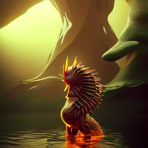 Image similar to ( ( pokemon ) ) creature creature in alaska, backlit, water reflection, warm tones : : by michal karcz, daniel merriam, victo ngai and guillermo del toro : : ornate, dynamic, particulate, intricate, elegant, highly detailed, centered, artstation, smooth, sharp focus, octane render, 3 d