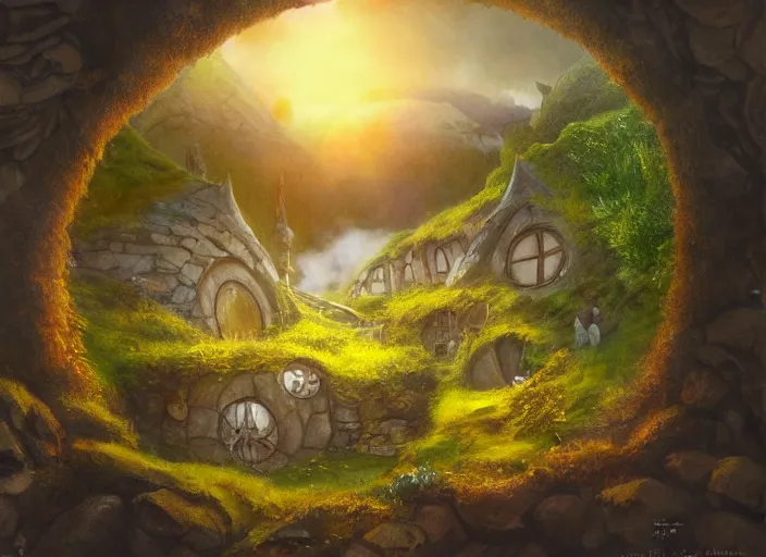 Prompt: the view from inside a hobbit hole looking out a window into a busy hobbit path, by alan lee, sunset, a fat orange cat is outside, windowsill loaded with steaming food and teacups, window glass reflecting, intricate, highly detailed terrain, digital painting, artstation, concept art, smooth, sharp focus, illustration, vfx