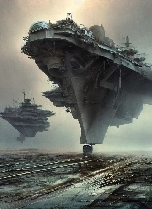 Image similar to rusty aircraft carrier, USS Nimitz, overgrown with vegetation laying on the ground of a tropical forest, post appocalyptic illustration by Luis Royo, by Greg Rutkowski, dark, gritty, intricate, cover illustration, concept art, volumetric lighting, volumetric atmosphere, sharp focus, octane render, trending on artstation, 8k