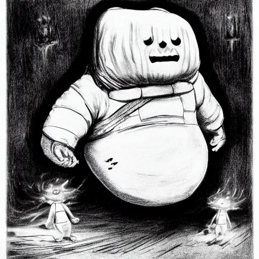 Prompt: Black and white drawing of the Stay Puft Marshmallow Man, Stephen Gammell style, evil, high detail, Scary Stories