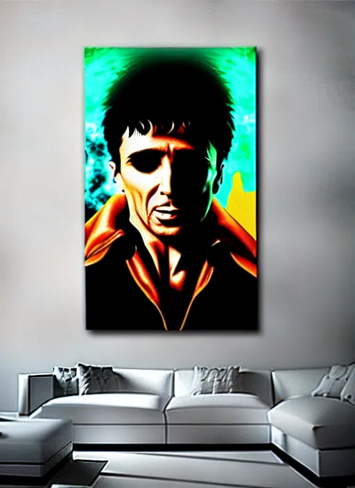 Prompt: photorealistic tony montana in a style of cyberpunk, magic glowing blur, glamour necro science acrylic painting, salvia divinorum made in abyss