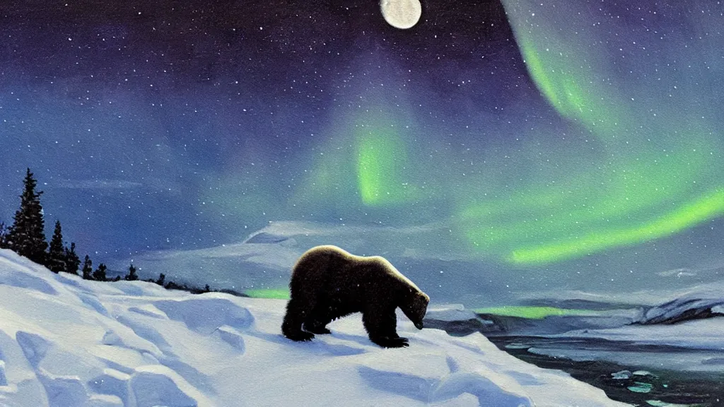 Image similar to an oil painting of a close - up polar bear traversing a snowy landscape at night, the northern lights and the moon are visible