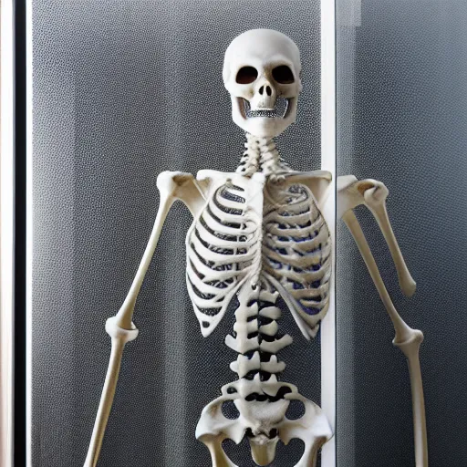 Prompt: skeleton behind frosted glass,