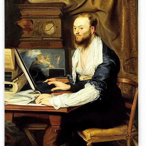 Prompt: A data-analyst in front of his computer, by Peter Paul Rubens