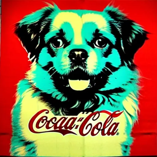 Image similar to coca cola dog tibetan spaniel, art by andy warhol