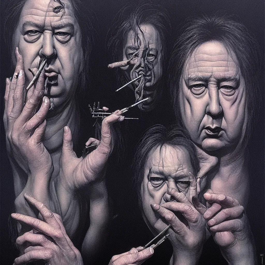 Image similar to portrait of bill hicks smoking in the style of hans giger, alex grey, lynchian atmosphere, film noir, concept art, art by kuvshinov ilya and zdislav beksinski and wayne barlowe