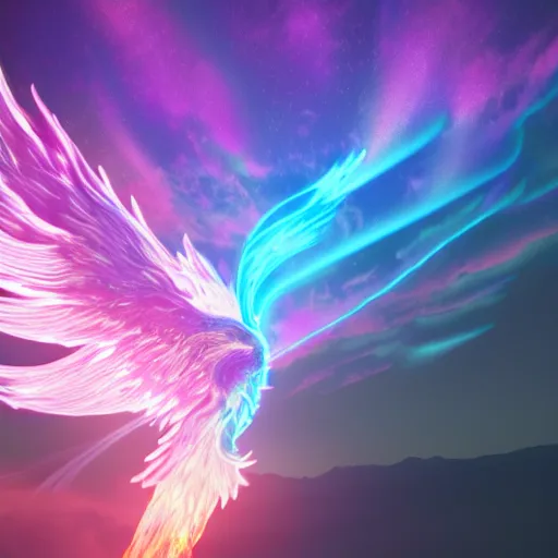 Image similar to a burning Phoenix with trail of blue fire by it's tail, purple fire aura, Aurora sky, nighttime, octane render, detailed picture, illustration, Ray tracing reflection,