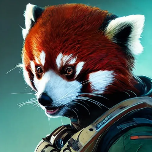 Image similar to red panda as apex legends character, digital illustration portrait design, by android jones and greg rutkowski, retrowave color scheme, detailed, cinematic lighting, wide angle action dynamic portrait