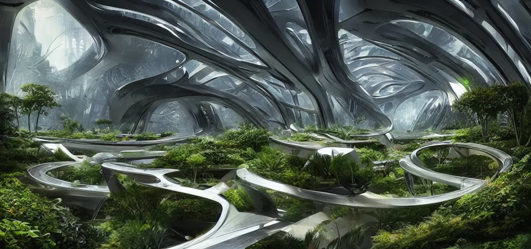 Image similar to a futuristic solarpunk garden, designed by zaha hadid, sci - fi, digital art by paul chadeisson