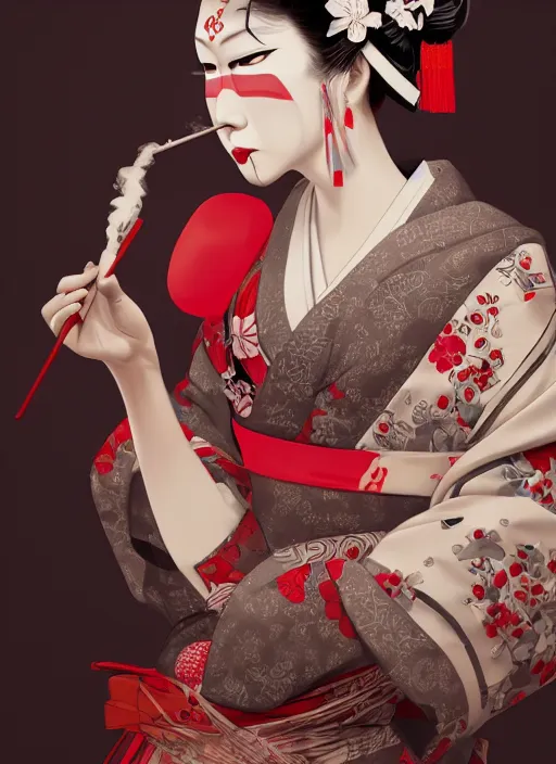 Image similar to geisha dressed witha kimono of smoke, fluent composition, red and white neon, concept art, ambient light, 4 k, intricate details, highly professionally detailed, cgsociety, highly detailed -