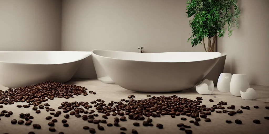 Image similar to Bathtub full of coffee beans, unreal 5, hyperrealistic, realistic, photorealistic, dynamic lighting, highly detailed, cinematic landscape, studio landscape, studio lighting