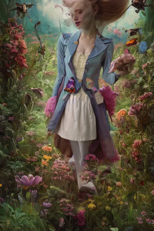 Prompt: cinematic portrait of Alice in Wonderland. Centered, uncut, unzoom, symmetry. character illustration. Surreal render, ultra realistic, zenith view. Polished. Inspired by patricio clarey, heidi taillefer scifi painter glenn brown. Extremely ornated. artstation, cgsociety, unreal engine, ray tracing, detailed illustration, hd, 4k, digital art, overdetailed art. Dslr, tiltshift, dof. 64megapixel. complementing colors. Trending on artstation, deviantart,