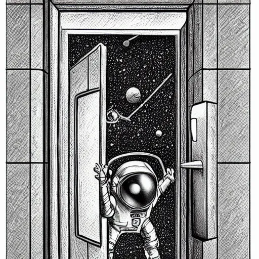 Image similar to golden ratoo, pencil art, space astronaut opening door that shows space and time created by stan lee with extra detail, epic.