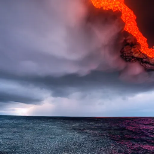 Image similar to dark storm clouds raining bright lava into the sea below, out at sea, huge swelling waves, 8k photorealistic, dramatic lighting, chiaroscuro