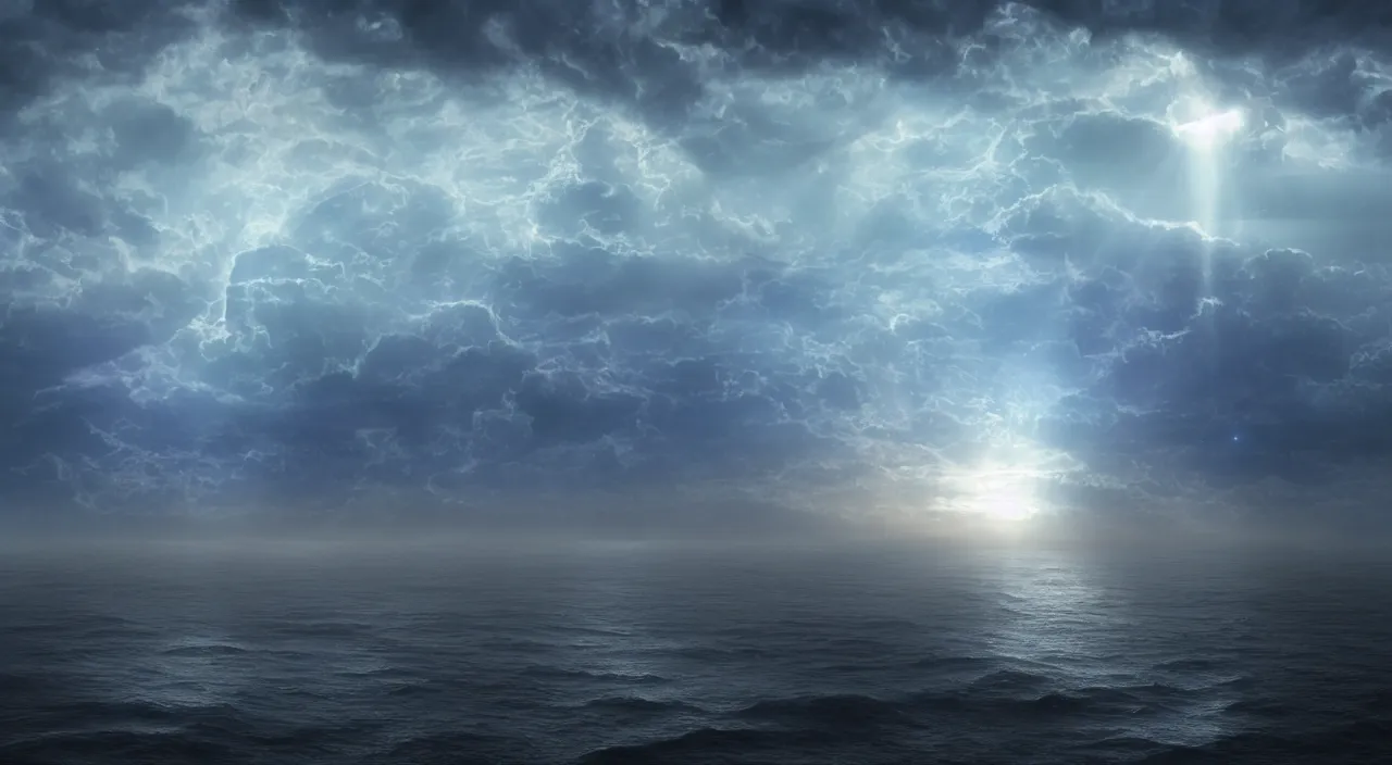 Prompt: moonlight rays of heaven on the black sea of eternity gazing into infinity, ancient wisdom from the beginning of the universe the ancient chamber of all knowledge, by glenn small, by albert bierstadt, photorealistic, zaha hadid, god rays, volumetric lighting, detailed, extremely intricate, raytrace, octane, light fog, neon