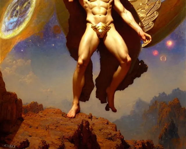 Image similar to the god jupiter sits in judgement over all of mankind, painting by gaston bussiere, craig mullins, j. c. leyendecker