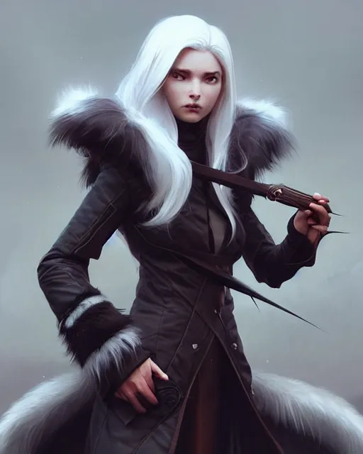 Prompt: dragon hunter wearing a fur - lined dragonhide jacket!!! beautiful and elegant white hair female!! symmetry, character concept art, sharp focus, illustration, artgerm!! greg rutkowski! wlop!! ilya kuvshinov!! charlie bowater! octane render! unreal engine 5! highly rendered!! trending on artstation!