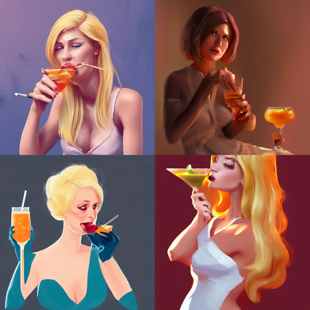 Prompt: a blonde lady drinking a cocktail made of sausage, grek rutkowski, artstation