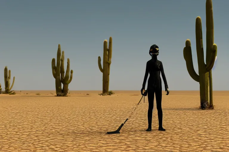 Prompt: a photo of a dystopian desert with loots of Cacti, sandy colours, sandy green, sandy, sandy beige, sobbing sad black silhouette of a person!, cantered, trending on DeviantArt, desolated, dark, 8k resolution, rendered in Zbrush