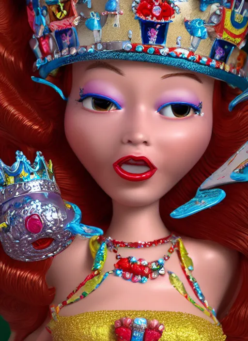 Prompt: closeup face profile portrait of a tin toy fairytale princess wearing a crown eating cakes, bikini, depth of field, zeiss lens, detailed, symmetrical, centered, fashion photoshoot by dan decarlo, bob clampett, bill ward, max fleischer hyperrealistic, octane render