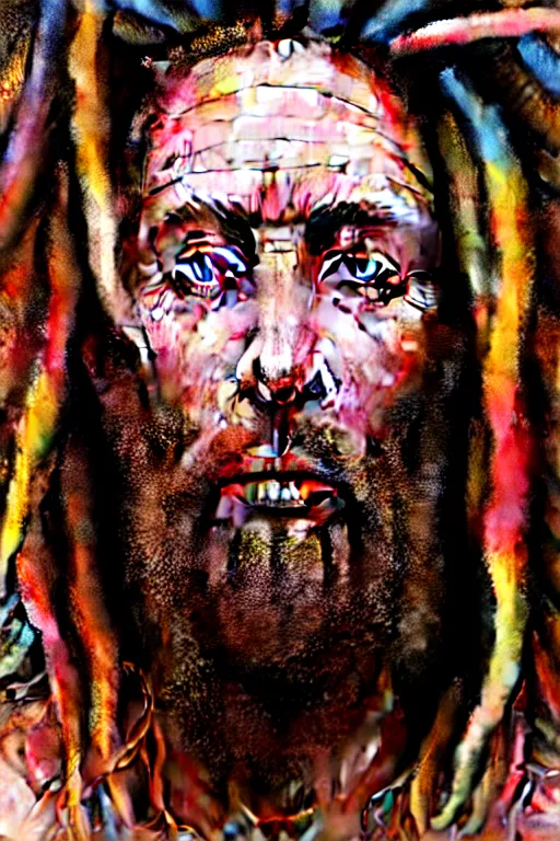 Prompt: hyperrealistic close - up portrait of psychedelic colorful acid neuro - shaman dreadlocks hippy highly detailed concept art eric zener elson peter cinematic hard lighting high angle hd 8 k sharp shallow depth of field, inspired by denis villeneuve and zdzisław beksinski