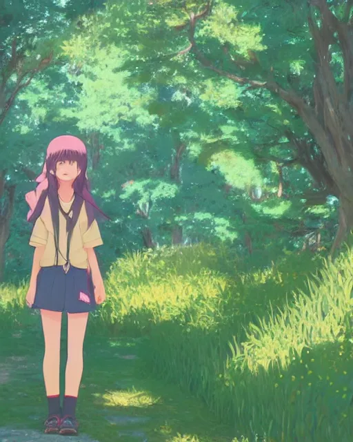 Prompt: a full shot of a teenage girl on a hike, moe, kawaii, pretty, lovely, detailed face, digital art by makoto shinkai and claude monet