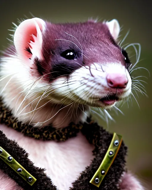 Image similar to ferret love warrior, furry, fantasy, viking, high detailed, hearts, photography, cloudy, lightweight leather armour, scandinavia, plain, detailed face, look into the distance, serious face, full body, in full growth, professional photographer, masterpiece, 5 0 mm, extremely detailed, digital art 8 k