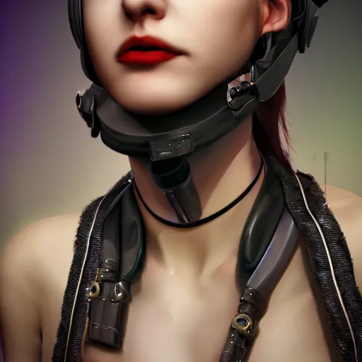 Image similar to detailed realistic female character cyberpunk wearing thick steel collar around neck, realistic, art, beautiful, 4K, collar, choker, collar around neck, punk, artstation, detailed, female, woman, choker, cyberpunk, neon, punk, collar, choker, collar around neck, thick collar, choker around neck, wearing choker, wearing collar,