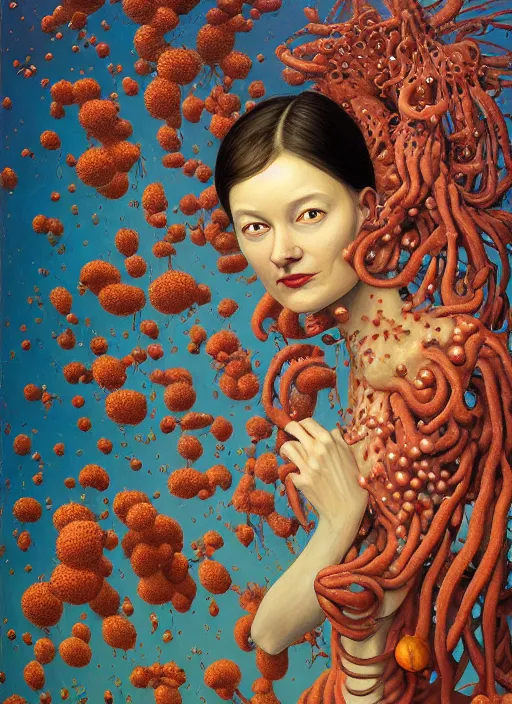 Image similar to hyper detailed Oil painting - Ada Lovelace Eats of the Strangling Fruit and her gossamer polyp blossoms bring iridescent fungal flowers whose spores black the foolish stars by Jacek Yerka, Mariusz Lewandowski, Abstract brush strokes, Masterpiece, Edward Hopper and James Gilleard, Zdzislaw Beksinski, Mark Ryden, Wolfgang Lettl, hints of Yayoi Kasuma