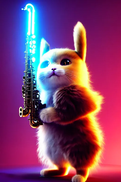 Image similar to high quality 3 d render very cute fluffy cyborg! cat plays saxophone, cyberpunk highly detailed, unreal engine cinematic smooth, in the style of blade runner & detective pikachu, hannah yata charlie immer, moody light, low angle, uhd 8 k, sharp focus