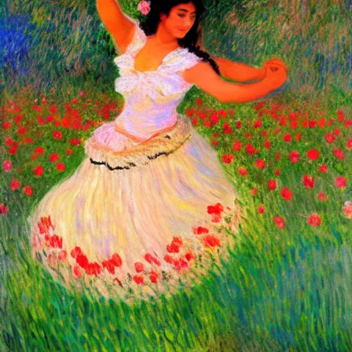 Prompt: beautiful tan mexican woman, dancing in a field of roses, full body, prominent rosy cheek bones, black hair and brown eyes, monet art style,