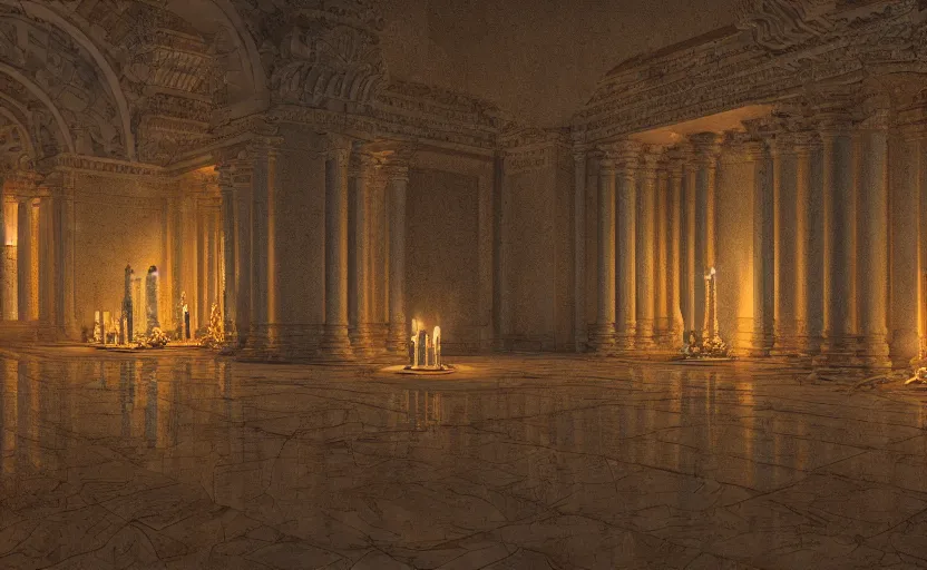 Image similar to inside a marble temple with torches at night, digital art, masterpiece, 4k