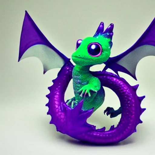 Image similar to adorable baby dragon, the dragon is purple and glittery, big eyes, cgi, ethereal fairytale, kawaii