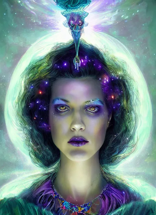 Prompt: tarot!!, pale, beautiful witch made of starlight and opals, jeweled choker, vivid colors, elegant, concept art, sharp focus, beautiful face!!, digital art, Hyper-realistic, 4K, Unreal Engine, Highly Detailed, Dramatic Lighting, Beautiful, by Brom, trending on Artstation, Tom Bagshaw, Sargent