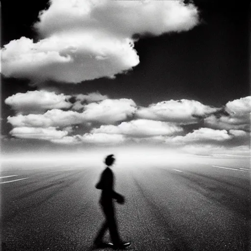 Prompt: Running man and the clouds by Trent Parke, clean, detailed, Magnum photos