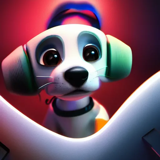 Image similar to 3d cute puppy techno DJ, masterpiece, smooth shading, 8k, cinematic lighting, highly detailed, digital painting, artstation, smooth, sharp focus, illustration, by Pixar