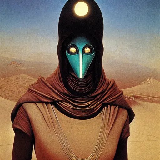 Image similar to portrait of masked Atreides Dune Dynasty on the art deco streets of the Giedi Prime during the Festival of Masks, award-winning realistic sci-fi concept art by Beksinski, Bruegel, Greg Rutkowski, Alphonse Mucha, and Yoshitaka Amano