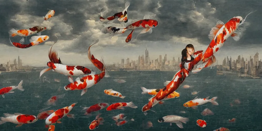 Image similar to beautiful oil matte portrait painting, giant flying koi fishes over manhattan at dusk, wonderful masterpiece highly detailed, beautiful cinematic light deep focus, elegant, digital painting, smooth, sharp focus, golden ratio, dramatic illumination, ultra realistic, 8 k, art by artemisia lomi gentileschi and caravaggio