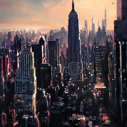 Image similar to new york skyline, 1 9 7 0 s scifi art style, flying cars, jeremy mann painting