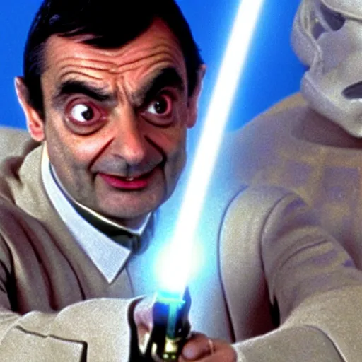 Prompt: mr bean in star wars, running away from storm troopers firing lasers