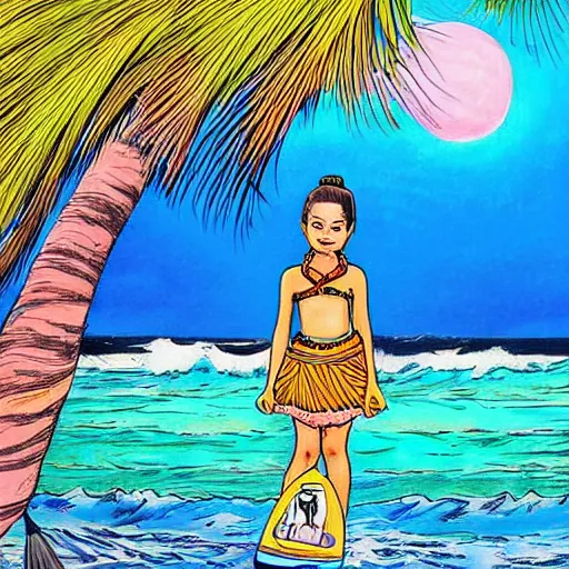 Image similar to The drawing depicts a young girl in a traditional hula outfit. She is standing on a surfboard in front of a beautiful ocean landscape. Versacci by Robert Williams, by Jim Mahfood atmospheric