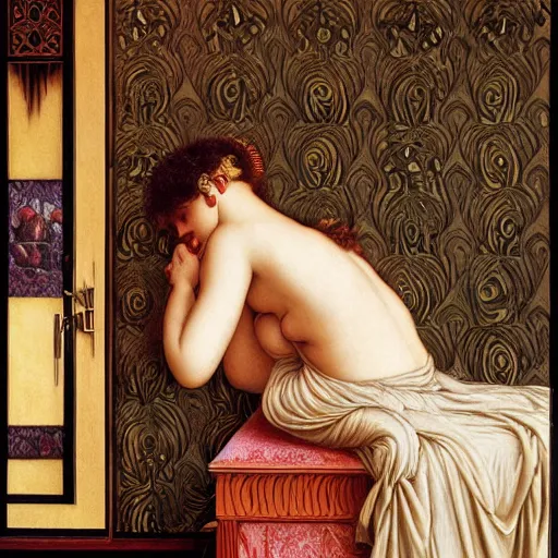 Image similar to hyperrealistic detailed painting of a black scary monster in an hotel room, art by ernst haeckel, john william godward, hammershøi, alphons mucha, pontormo, ornamental, decorative, art nouveau pattern, deep pastel colors,