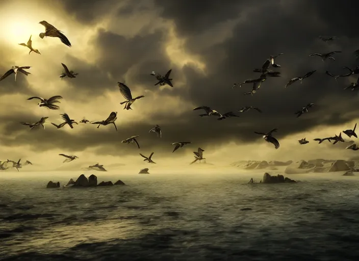 Image similar to independent picture scenery artwork in style by robert svebeck and haruki marakami, rendering of seagulls babies learning to fly, singing on a mystical field, dramatic sky, matte painting, trending on artstation and unreal engine