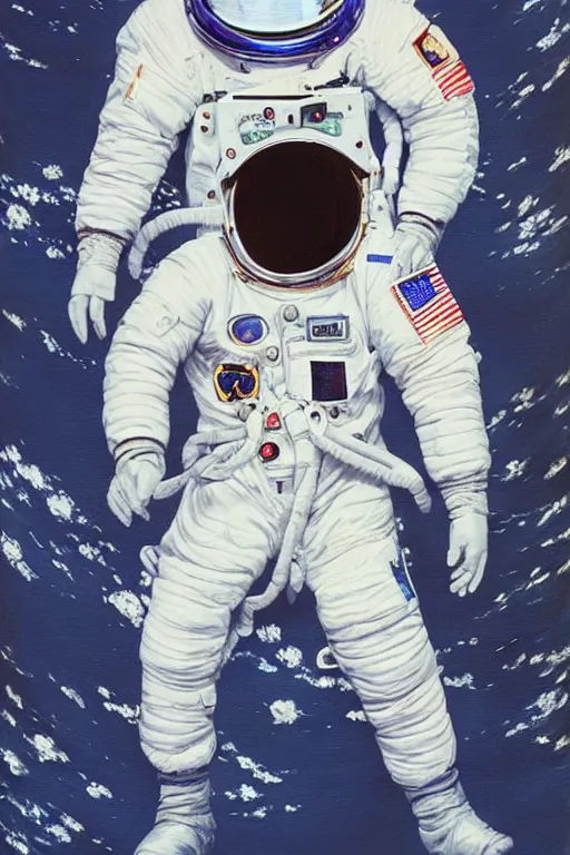 Image similar to a beautiful glitched painting by akiya kageichi of a cosmonaut in space suit falling into a dark abyss