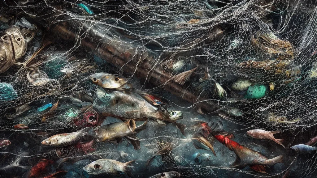 Image similar to Thousands of dead fish under water, fish hooks, seaweed, highly detailed, yuumei, Adam duff lucidpixul, natural lighting, dark atmosphere, digital painting, creepy and dark feelings, metal fishing hooks and nets everywhere, the background has a faded image of the earth